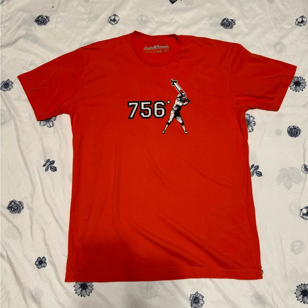 Men’s Lucky Threadz Graphic Baseball Bright Orange Short Sleeve T-Shirt.